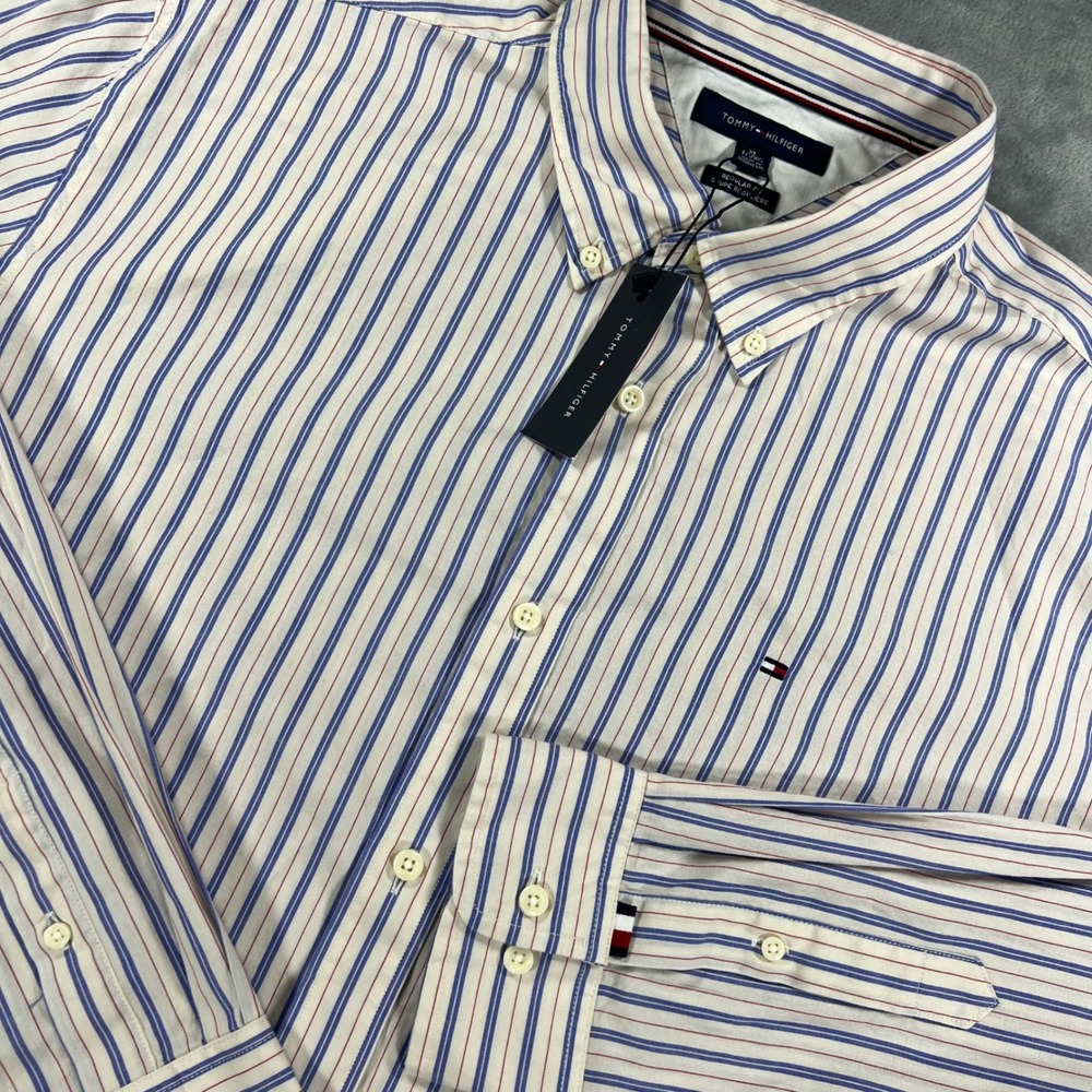 Tommy Hilfiger Mens XL Regular Fit Striped Button Down Shirt Blue Red